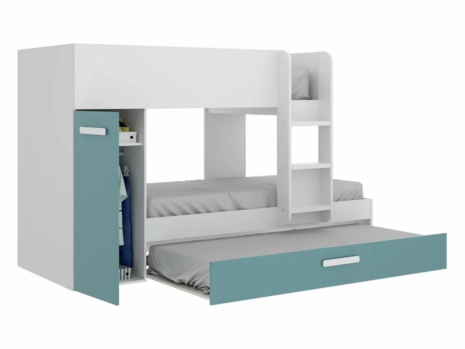 Clearance Litera nido 3 x 90 x 190 cm armario de compartimentos blanco natural y azul. ANTHONY Cama Nido|Cama Litera