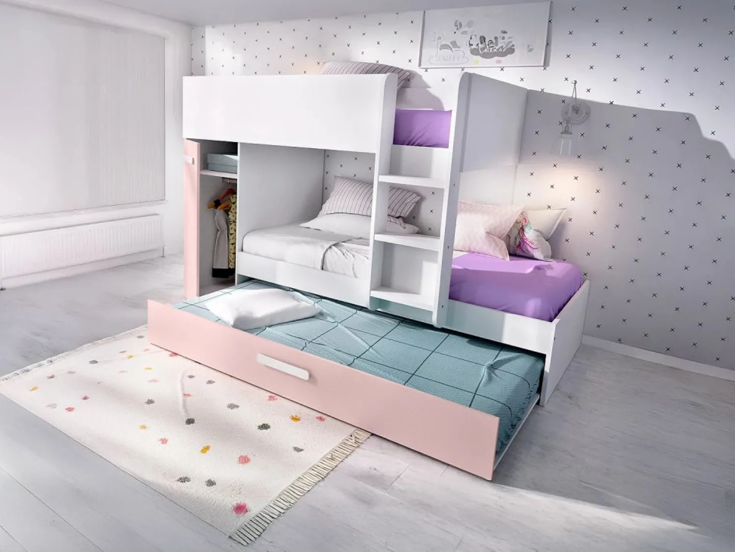 Vente-unique Litera nido 3 x 90 x 190 cm armario de compartimentos blanco natural y rosa. ANTHONY