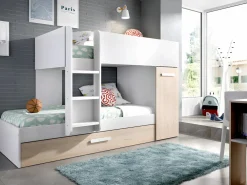 Hot Litera nido y armario 3 x 90 x 190 cm blanco y natural con colchón. ANTHONY Cama Nido|Cama Litera