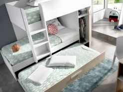 Hot Litera nido y armario 3 x 90 x 190 cm blanco y natural con colchón. ANTHONY Cama Nido|Cama Litera