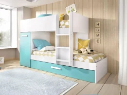 Best Litera nido y armario 3 x 90 x 190 cm blanco natural y azul con colchón ANTHONY Cama Nido|Cama Litera