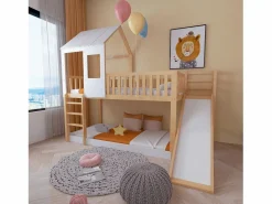 Best Merax Litera para niños 90 x 200 cm con tobogán + somier, colores: natural y blanco Color natural claro