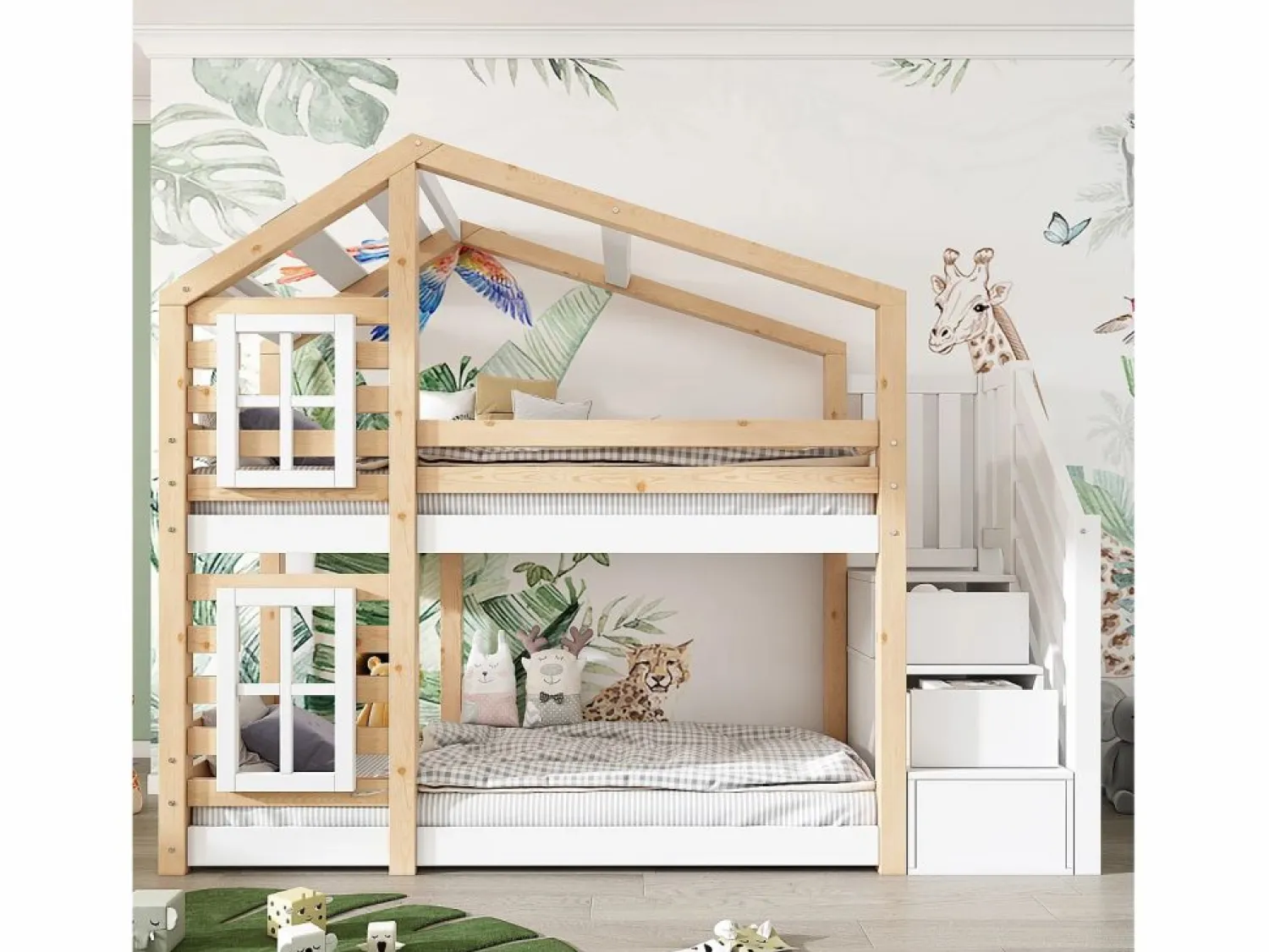 ModernLuxe Litera tipo cabina de pino macizo con barreras anticaída y escalera de almacenamiento - 90x200 cm - natural y blanco
