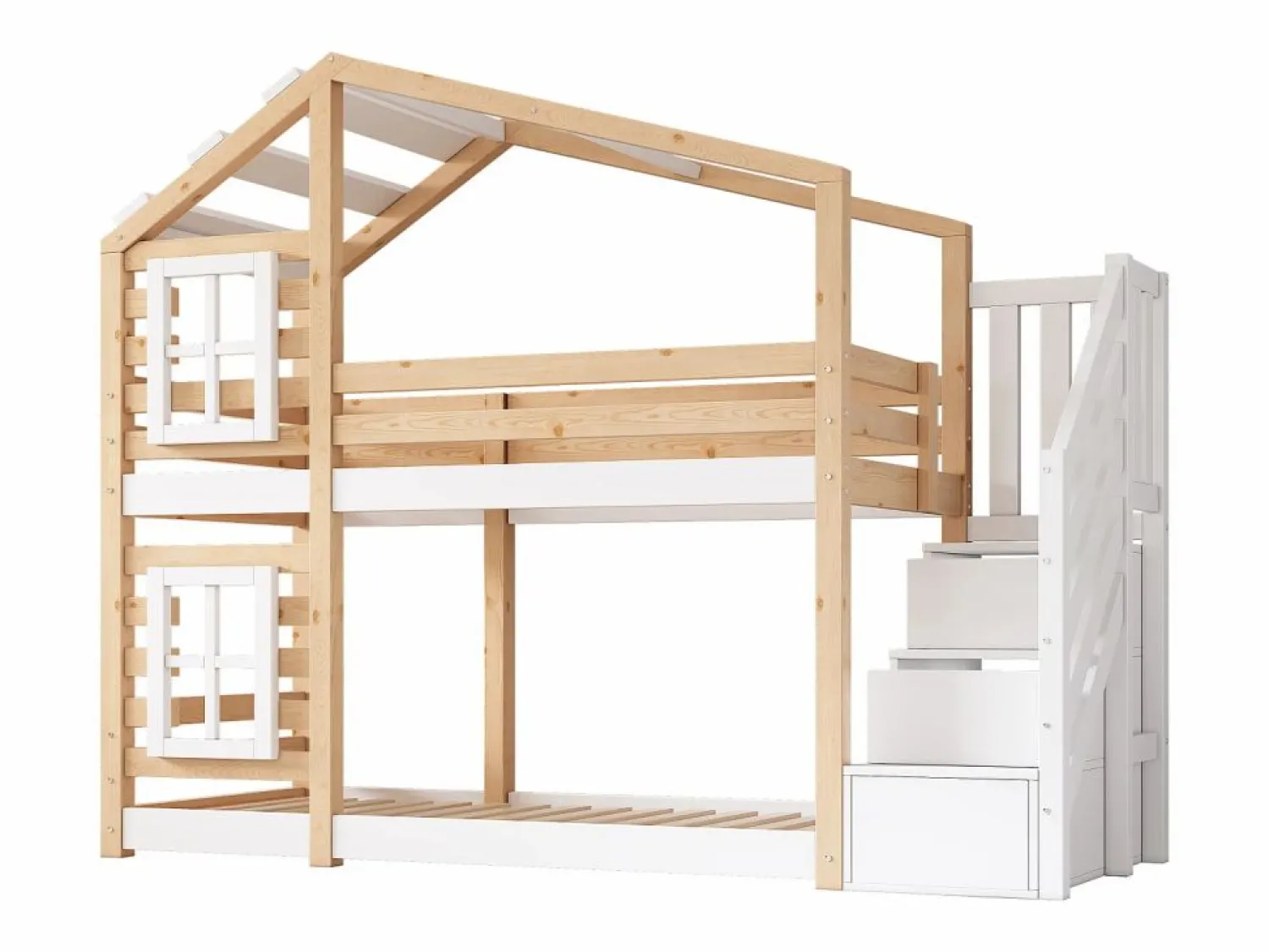 ModernLuxe Litera tipo cabina de pino macizo con barreras anticaída y escalera de almacenamiento - 90x200 cm - natural y blanco