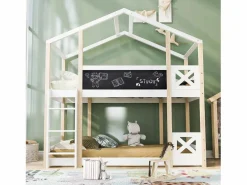 New ModernLuxe Litera tipo cabina de pino macizo con barreras anticaída + escalera + pizarra - 90x200 cm - natural y - Blanco