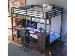 Best Litera 140x200 cm - con cajón - con escritorio - con iluminación LED + USB - (sin colchón) Cama Litera