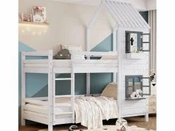 Discount Litera 90x200 cm de madera maciza - con somier de láminas - Blanco y Gris Cama Litera