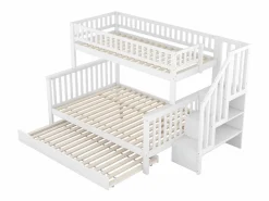New Litera 90x200 cm y 140x200 cm con cama nido 90x190 cm - Escalera de almacenaje - Madera blanca Cama Litera