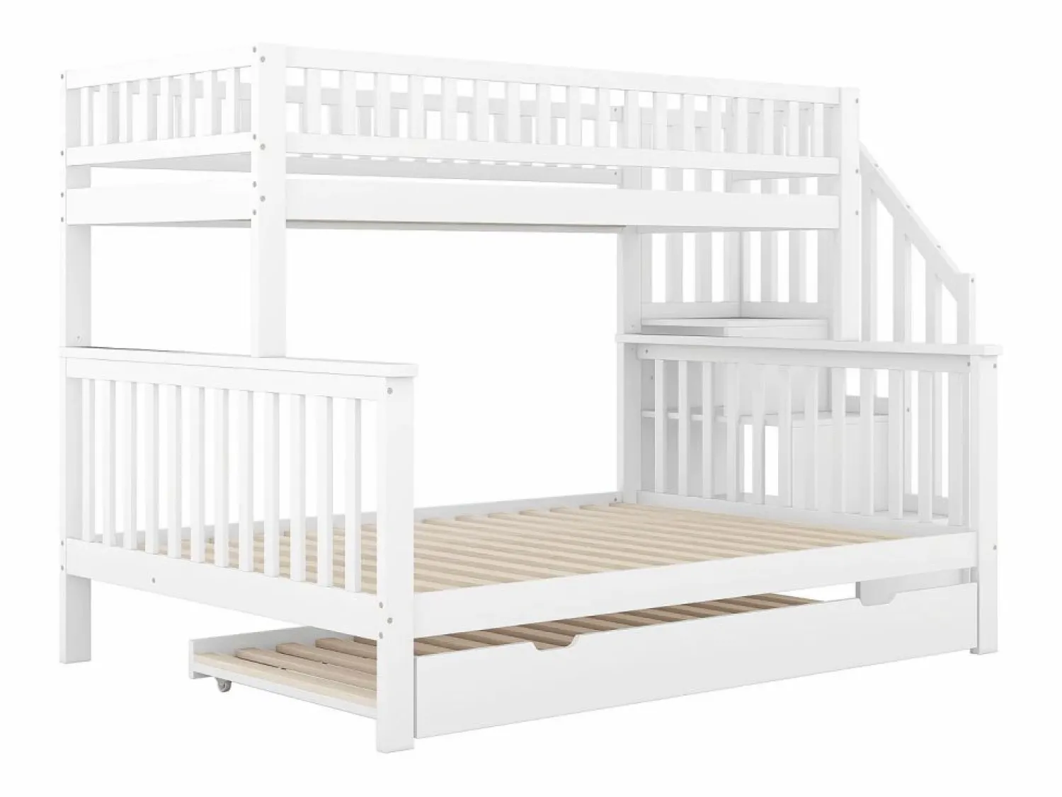 New Litera 90x200 cm y 140x200 cm con cama nido 90x190 cm - Escalera de almacenaje - Madera blanca Cama Litera