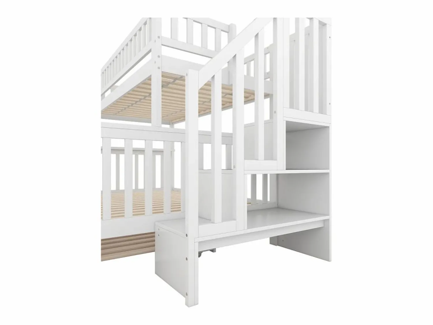 New Litera 90x200 cm y 140x200 cm con cama nido 90x190 cm - Escalera de almacenaje - Madera blanca Cama Litera