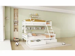 Hot Litera 90x200cm y 140x200cm - con escalera, estantes y 2 cajones - madera de pino y MDF - Cama Litera
