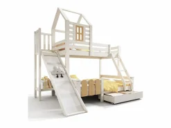 Hot literas 90×200 cm + 140×200 cm - con tobogán - con 1 cajón - con tejado y ventanas - Madera maciza + MDF - (sin colchón) Cama Litera