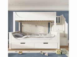 ModernLuxe literas 90×200 cm +140×200 cm - escalera con almacenamiento - con 2 cajones - Madera maciza + MDF - (sin colchón) Blanco