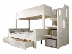 ModernLuxe literas 90×200 cm +140×200 cm - escalera con almacenamiento - con 2 cajones - Madera maciza + MDF - (sin colchón) Blanco