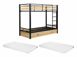 Vente-unique Literas 2 x 90 x 190 cm 1 cajón color natural y negro + Colchón - CASIDIA