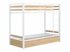 Vente-unique Literas 2 x 90 x 190 cm 1 cajón metal y MDF color natural y blanco - CASIDIA