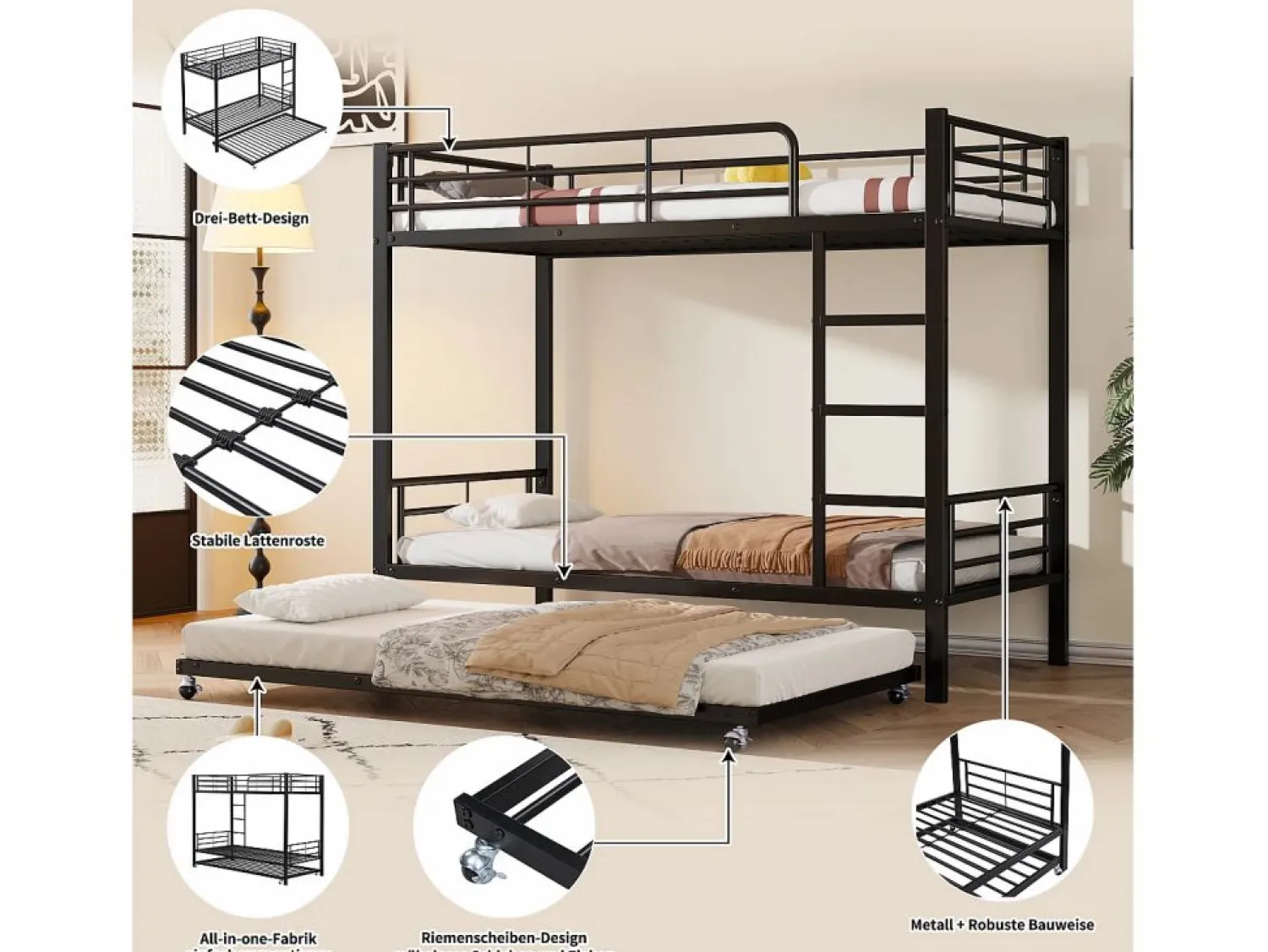 Sale Merax Literas 2 x 90 x 200 cm + cama nido 90 x 190 cm - metal - Negro