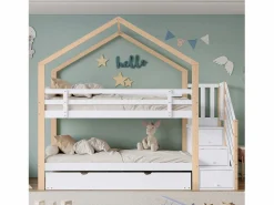 Hot Literas 2 x 90 x 200 cm con cama nido 90 x 190 cm, con 4 cajones y escalera, madera maciza + MDF, color blanco Cama Litera
