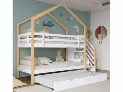 Hot Literas 2 x 90 x 200 cm con cama nido 90 x 190 cm, con 4 cajones y escalera, madera maciza + MDF, color blanco Cama Litera
