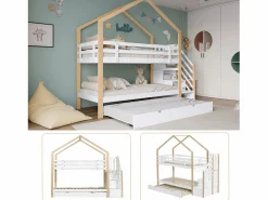 Hot Literas 2 x 90 x 200 cm con cama nido 90 x 190 cm, con 4 cajones y escalera, madera maciza + MDF, color blanco Cama Litera