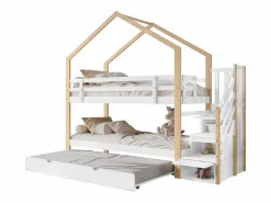 Hot Literas 2 x 90 x 200 cm con cama nido 90 x 190 cm, con 4 cajones y escalera, madera maciza + MDF, color blanco Cama Litera