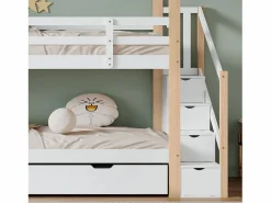 Hot Literas 2 x 90 x 200 cm con cama nido 90 x 190 cm, con 4 cajones y escalera, madera maciza + MDF, color blanco Cama Litera