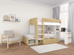 Outlet Literas 2 x 90 x 190 cm con escritorio y almacenamiento natural y blanco - LOMIDEN Cama Litera|Cama Con Almacenaje