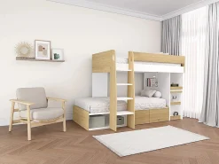 Outlet Literas 2 x 90 x 190 cm con escritorio y almacenamiento natural y blanco - LOMIDEN Cama Litera|Cama Con Almacenaje