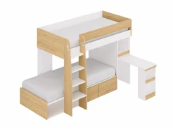 Outlet Literas 2 x 90 x 190 cm con escritorio y almacenamiento natural y blanco - LOMIDEN Cama Litera|Cama Con Almacenaje