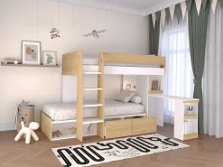 Hot Literas 2 x 90 x 190 cm escritorio y almacenamiento natural y blanco + colchones - LOMIDEN Cama Litera