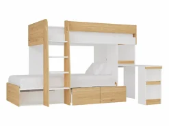 Hot Literas 2 x 90 x 190 cm escritorio y almacenamiento natural y blanco + colchones - LOMIDEN Cama Litera