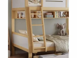 Online literas de madera 90×200 cm + 120×200 cm - con escalera y 3 cajones - blanco + natural (sin colchón) Cama Litera