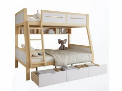 Online literas de madera 90×200 cm + 120×200 cm - con escalera y 3 cajones - blanco + natural (sin colchón) Cama Litera