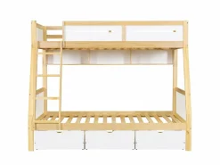 Online literas de madera 90×200 cm + 120×200 cm - con escalera y 3 cajones - blanco + natural (sin colchón) Cama Litera