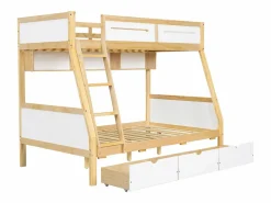 Online literas de madera 90×200 cm + 120×200 cm - con escalera y 3 cajones - blanco + natural (sin colchón) Cama Litera