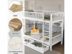 Sale Literas infantiles - 2 x 90 x 200 cm - con barandilla de seguridad + estantes + 2 cajones - MDF - Cama Litera