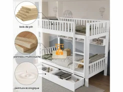 Sale Literas infantiles - 2 x 90 x 200 cm - con barandilla de seguridad + estantes + 2 cajones - MDF - Cama Litera