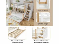 Merax Literas 120x200 cm + 90x200 cm con cama nido 90x190 cm + 4 cajones - Madera + MDF - + natural