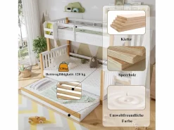 Merax Literas 120x200 cm + 90x200 cm con cama nido 90x190 cm + 4 cajones - Madera + MDF - + natural