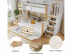 Merax Literas 120x200 cm + 90x200 cm con cama nido 90x190 cm + 4 cajones - Madera + MDF - + natural