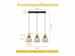 Clearance Lámpara colgante , estilo vintage industrial retro para salón, de madera y cuerda de cáñamo, en metal , 3 llamas, E27 Lámpara Suspendida