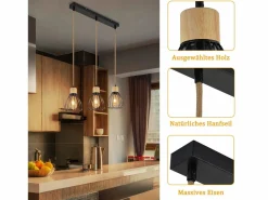 Clearance Lámpara colgante , estilo vintage industrial retro para salón, de madera y cuerda de cáñamo, en metal , 3 llamas, E27 Lámpara Suspendida