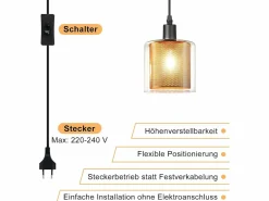 Online Lámpara colgante vintage de 1 bombilla: colgante de cristal dorado con enchufe e interruptor, bombilla E14, cable metálico retro de 4,5 m Lámpara Suspendida