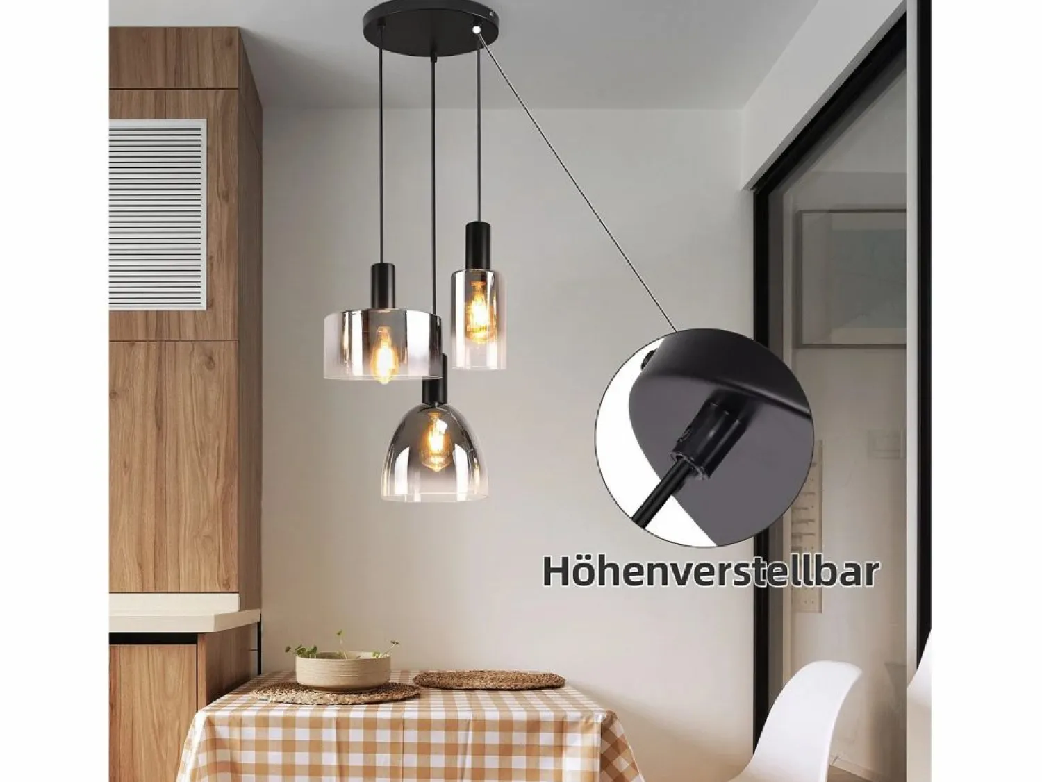 NETTLIFE Lámpara colgante vintage para mesa de comedor, de cristal gris ahumado, E27, altura ajustable para sala de estar