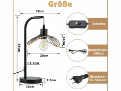 NETTLIFE Lámpara de escritorio vintage , lámpara de noche, lámpara de mesa, E27 con cable, lámpara de escritorio retro de metal negra (bombilla no incluida)