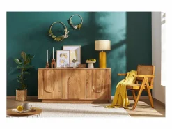 Miliboo Lámpara de mesa de cerámica esmaltada amarilla con pantalla de rafia BERRO