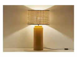 Miliboo Lámpara de mesa de cerámica esmaltada amarilla con pantalla de rafia BERRO