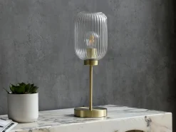 New OZAIA Lámpara de mesa de metal y cristal acanalado - An. 14 x Pr. 14 x Al. 43,5 cm - Oro - LOUXOR Dorado