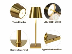 Discount NETTLIFE Lámpara de mesa LED Vintage dorada, inalámbrica, táctil, regulable, para mesita de noche, 3 temperaturas de color Dorado