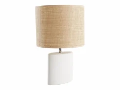 Miliboo Lámpara de mesa étnica de cerámica blanca mate con pantalla de rafia TIGA